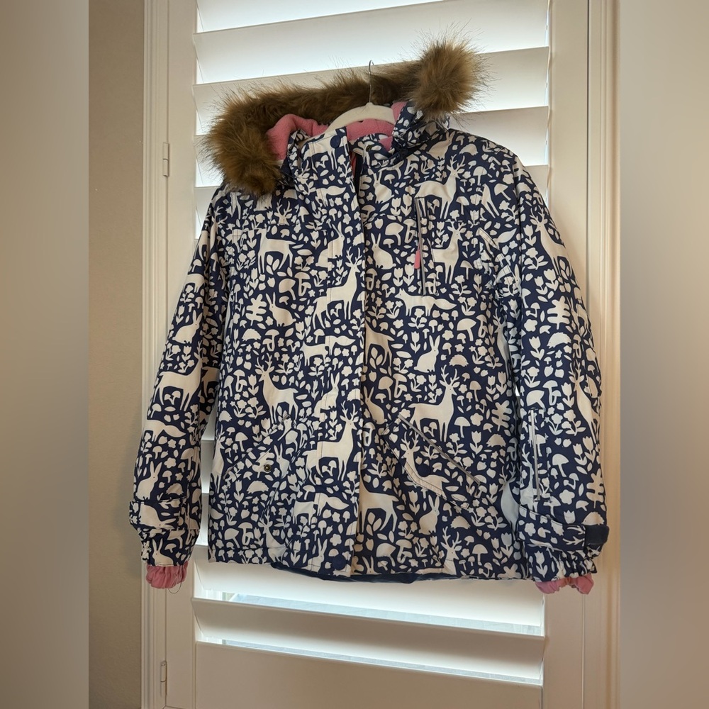 Kids Blue and White Patterned Jacket with Faux Fur Hood age 11-12